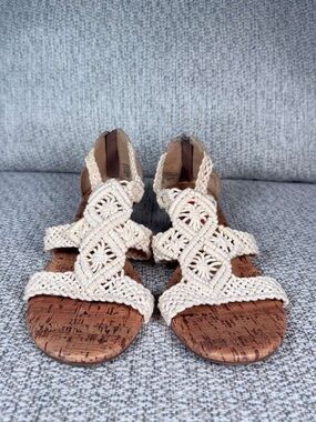 Women's Cream Woven Macramé Sandals with Cork Footbed